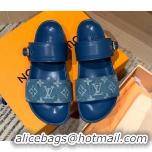 Charming Louis Vuitton Bom Dia Monogram Denim and Leather Flat Slide Sandals Blue 032581