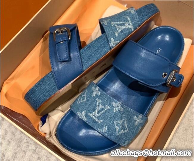 Charming Louis Vuitton Bom Dia Monogram Denim and Leather Flat Slide Sandals Blue 032581