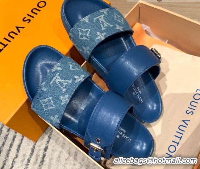 Charming Louis Vuitton Bom Dia Monogram Denim and Leather Flat Slide Sandals Blue 032581