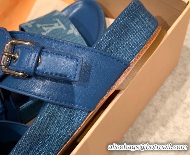 Charming Louis Vuitton Bom Dia Monogram Denim and Leather Flat Slide Sandals Blue 032581