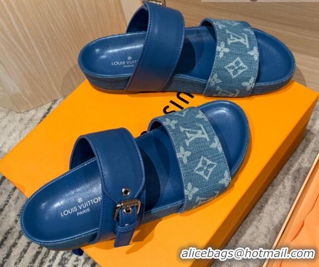 Charming Louis Vuitton Bom Dia Monogram Denim and Leather Flat Slide Sandals Blue 032581