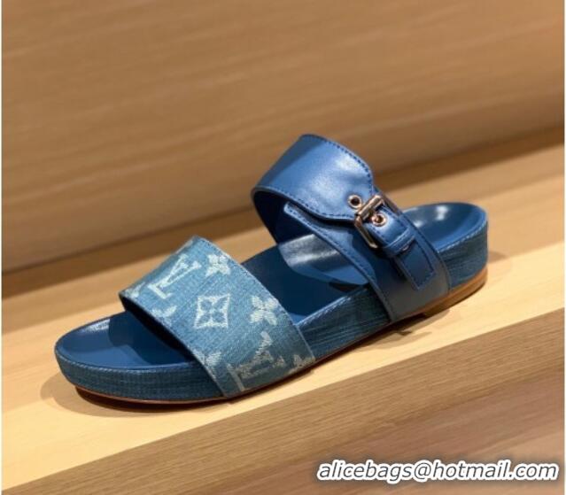 Charming Louis Vuitton Bom Dia Monogram Denim and Leather Flat Slide Sandals Blue 032581