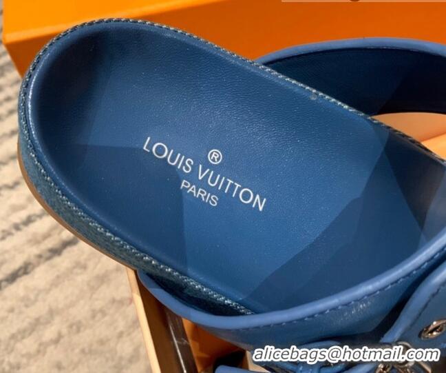 Charming Louis Vuitton Bom Dia Monogram Denim and Leather Flat Slide Sandals Blue 032581