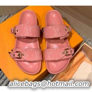 Grade Louis Vuitton Bom Dia Monogram Denim and Leather Flat Slide Sandals Pink 032582