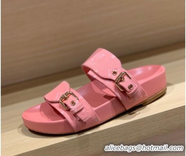 Grade Louis Vuitton Bom Dia Monogram Denim and Leather Flat Slide Sandals Pink 032582