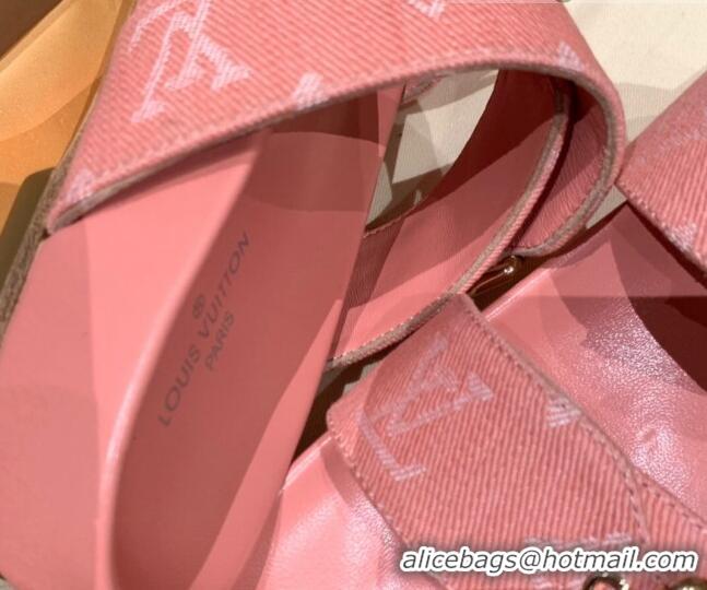 Grade Louis Vuitton Bom Dia Monogram Denim and Leather Flat Slide Sandals Pink 032582