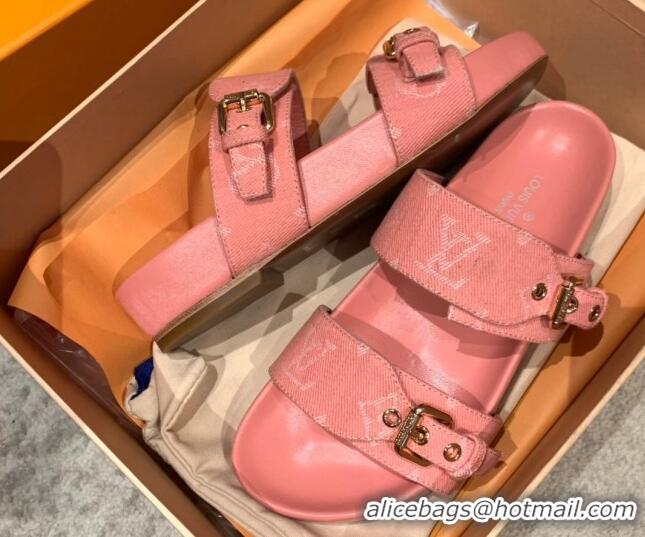 Grade Louis Vuitton Bom Dia Monogram Denim and Leather Flat Slide Sandals Pink 032582