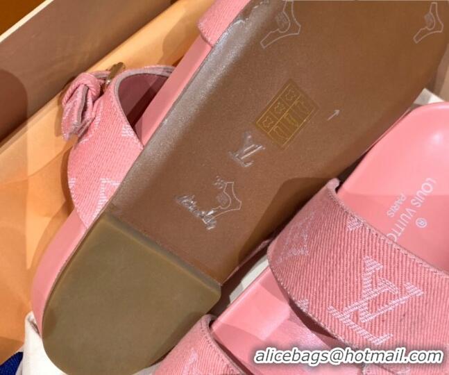 Grade Louis Vuitton Bom Dia Monogram Denim and Leather Flat Slide Sandals Pink 032582