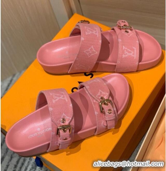 Grade Louis Vuitton Bom Dia Monogram Denim and Leather Flat Slide Sandals Pink 032582