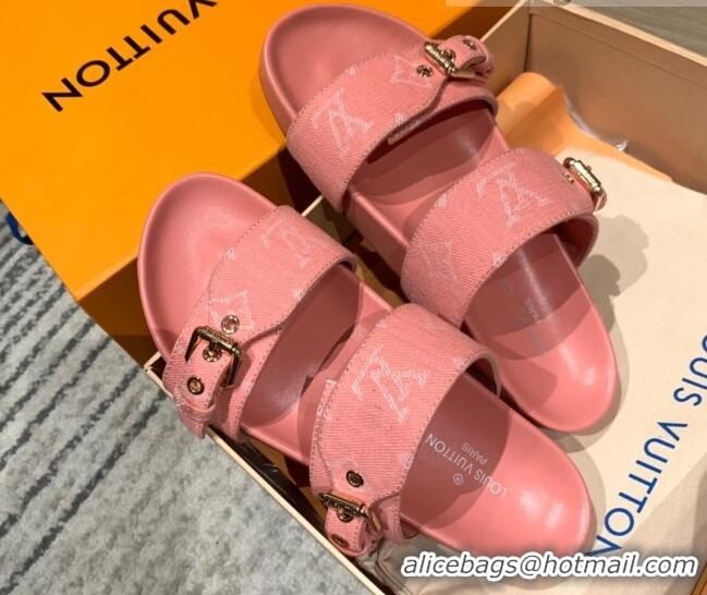 Grade Louis Vuitton Bom Dia Monogram Denim and Leather Flat Slide Sandals Pink 032582