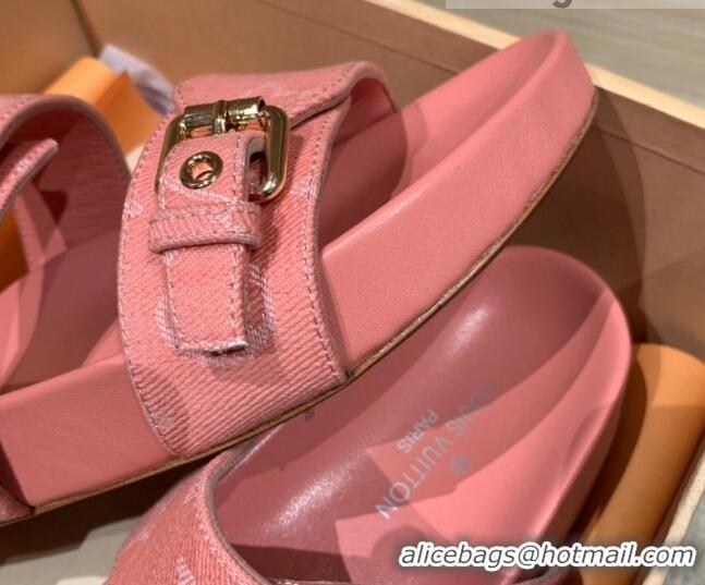 Grade Louis Vuitton Bom Dia Monogram Denim and Leather Flat Slide Sandals Pink 032582