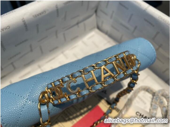 Good Product Chanel mini Shoulder Bag Grained Calfskin&Gold-Tone Metal AP2804 light blue