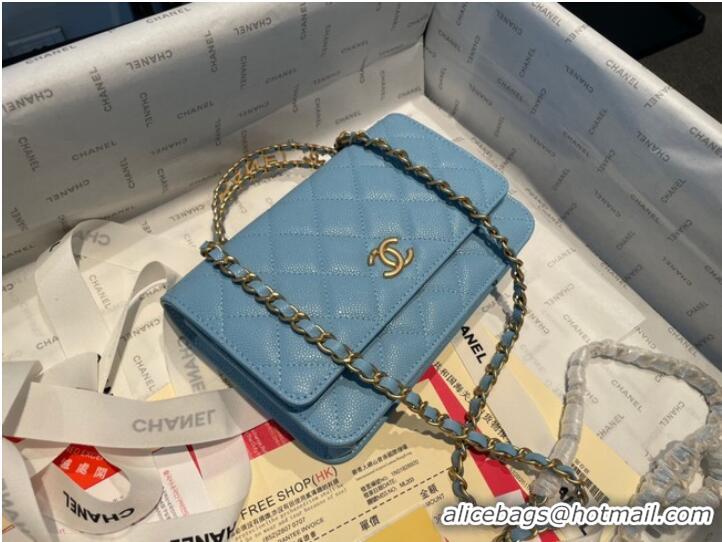 Good Product Chanel mini Shoulder Bag Grained Calfskin&Gold-Tone Metal AP2804 light blue