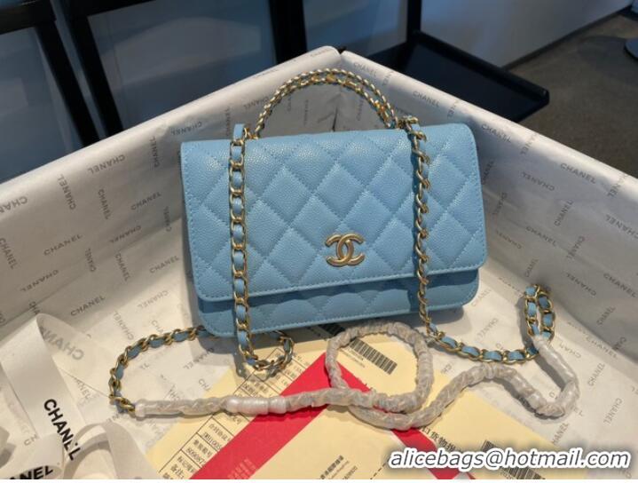 Good Product Chanel mini Shoulder Bag Grained Calfskin&Gold-Tone Metal AP2804 light blue