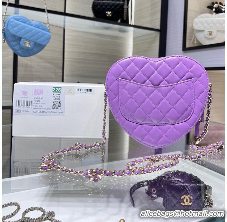 Good Product Chanel 2022S Love Heart Original Lambskin Crossbody Chain Bag AS3191Y Purple