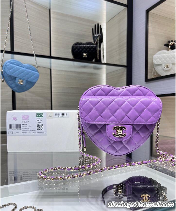 Good Product Chanel 2022S Love Heart Original Lambskin Crossbody Chain Bag AS3191Y Purple