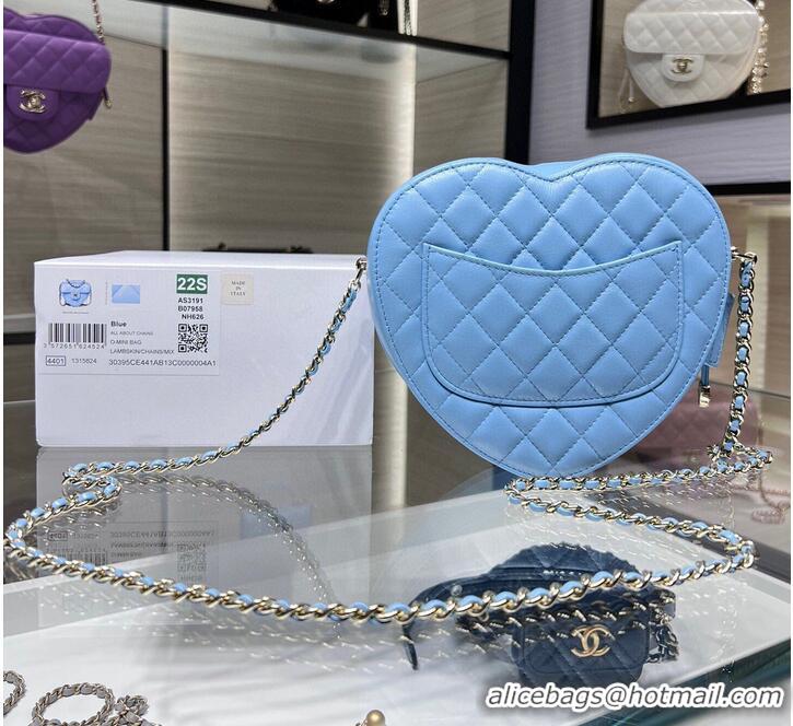 Purchase Grade Chanel 2022S Love Heart Original Lambskin Crossbody Chain Bag AS3191Y Blue