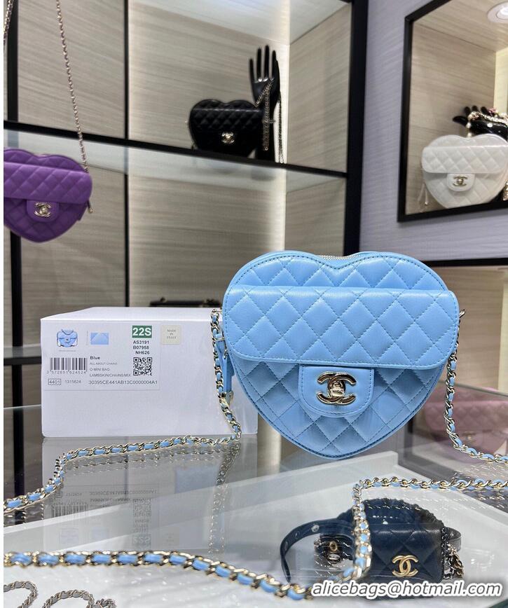 Purchase Grade Chanel 2022S Love Heart Original Lambskin Crossbody Chain Bag AS3191Y Blue