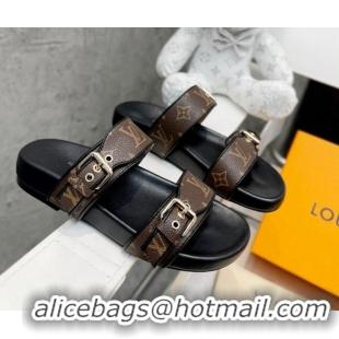 Stylish Louis Vuitton Bom Dia Monogram Denim Flat Slide Sandals Brown/Black/Silve 032584