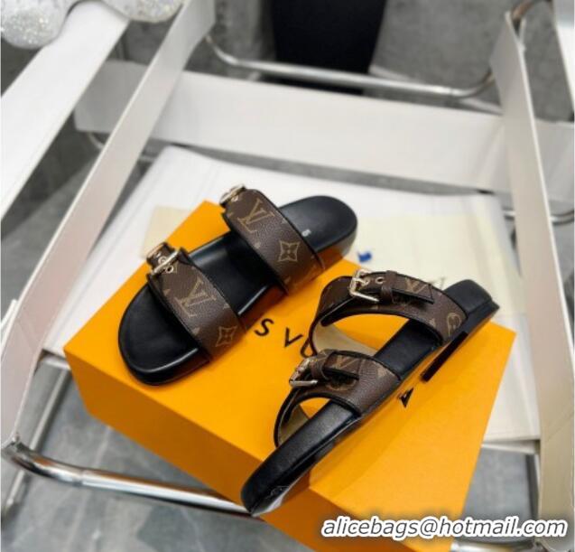 Stylish Louis Vuitton Bom Dia Monogram Denim Flat Slide Sandals Brown/Black/Silve 032584