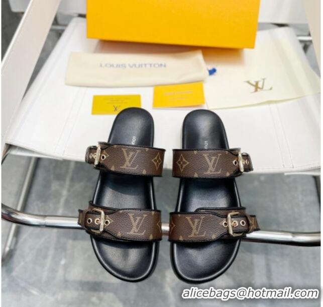 Stylish Louis Vuitton Bom Dia Monogram Denim Flat Slide Sandals Brown/Black/Silve 032584