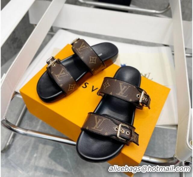 Stylish Louis Vuitton Bom Dia Monogram Denim Flat Slide Sandals Brown/Black/Silve 032584