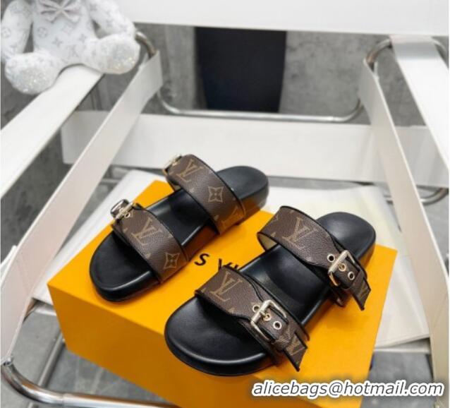 Stylish Louis Vuitton Bom Dia Monogram Denim Flat Slide Sandals Brown/Black/Silve 032584