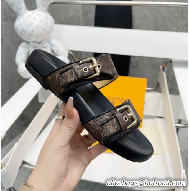 Stylish Louis Vuitton Bom Dia Monogram Denim Flat Slide Sandals Brown/Black/Silve 032584