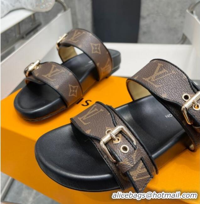 Stylish Louis Vuitton Bom Dia Monogram Denim Flat Slide Sandals Brown/Black/Silve 032584