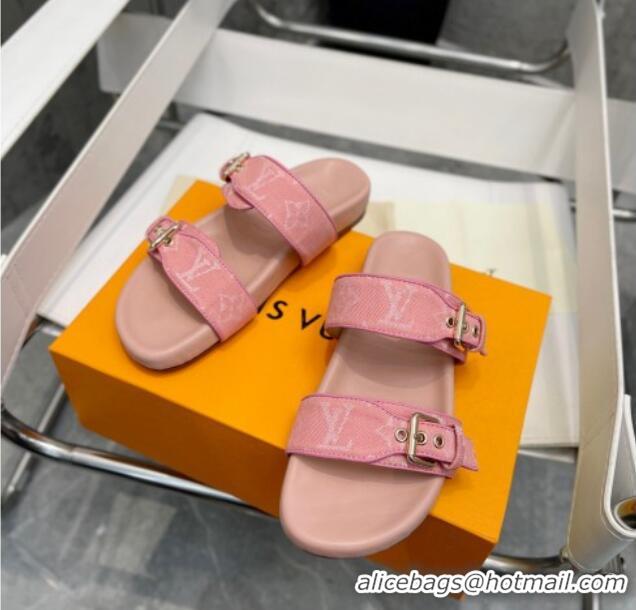 Stylish Louis Vuitton Bom Dia Monogram Denim Flat Slide Sandals Pink/Nude 032585