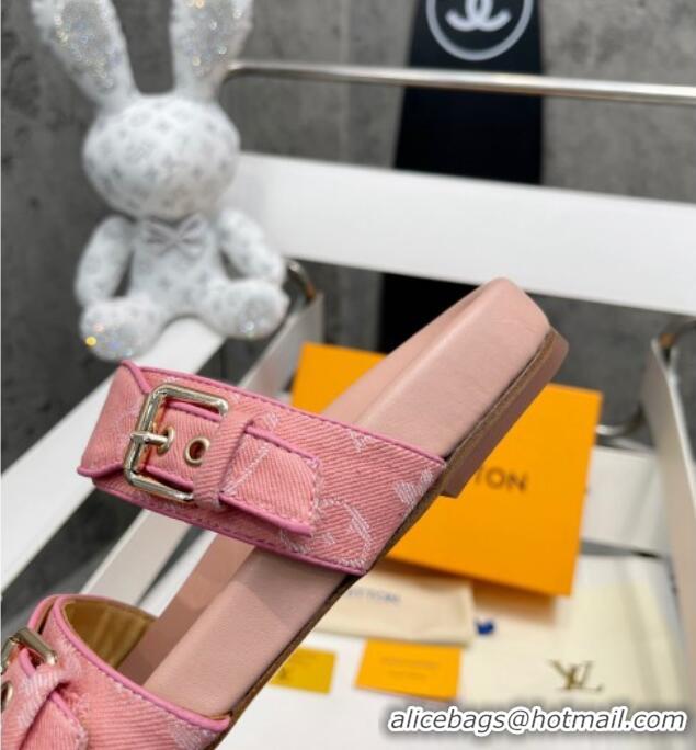 Stylish Louis Vuitton Bom Dia Monogram Denim Flat Slide Sandals Pink/Nude 032585