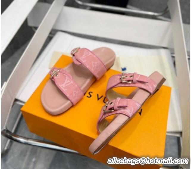 Stylish Louis Vuitton Bom Dia Monogram Denim Flat Slide Sandals Pink/Nude 032585