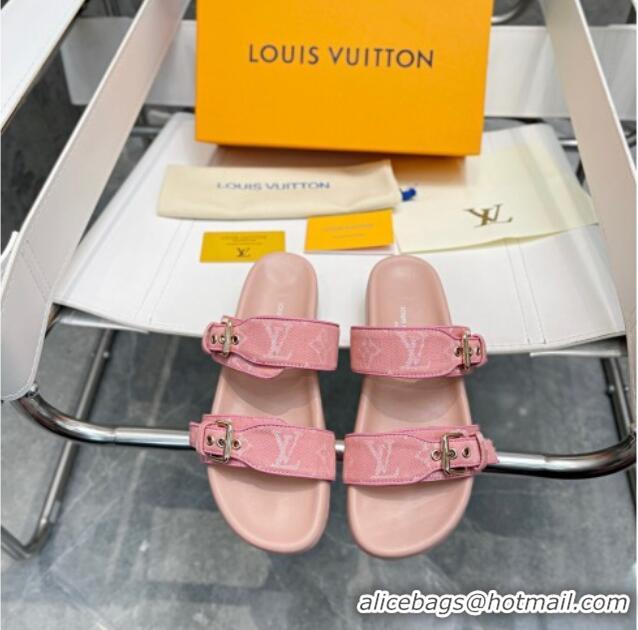 Stylish Louis Vuitton Bom Dia Monogram Denim Flat Slide Sandals Pink/Nude 032585