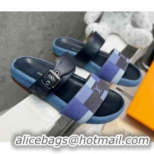 Sophisticated Louis Vuitton Bom Dia Damier Denim and Leather Flat Slide Sandals Blue/Black 032586