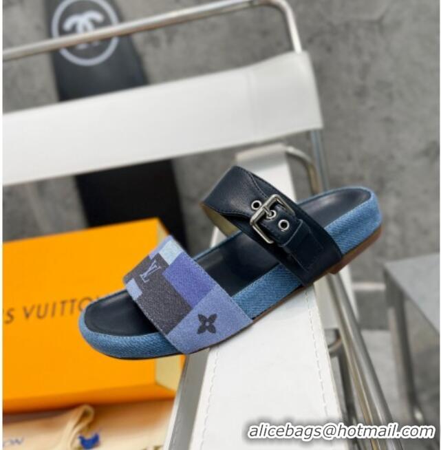 Sophisticated Louis Vuitton Bom Dia Damier Denim and Leather Flat Slide Sandals Blue/Black 032586