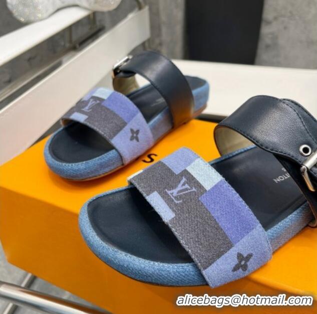 Sophisticated Louis Vuitton Bom Dia Damier Denim and Leather Flat Slide Sandals Blue/Black 032586