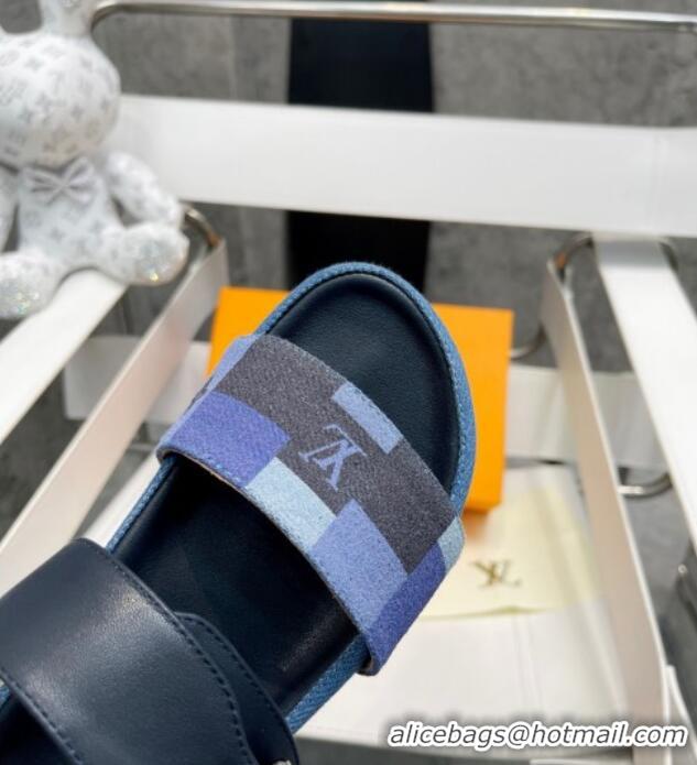 Sophisticated Louis Vuitton Bom Dia Damier Denim and Leather Flat Slide Sandals Blue/Black 032586