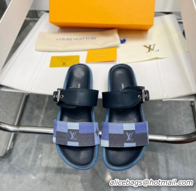 Sophisticated Louis Vuitton Bom Dia Damier Denim and Leather Flat Slide Sandals Blue/Black 032586