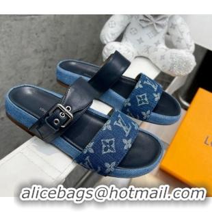 Luxury Louis Vuitton Bom Dia Denim Flat Slide Sandals Dark Blue/Black 032587