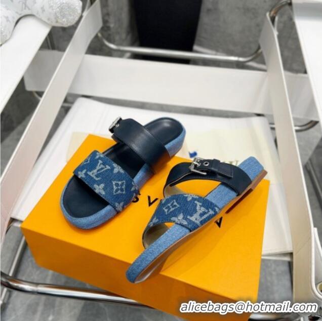 Luxury Louis Vuitton Bom Dia Denim Flat Slide Sandals Dark Blue/Black 032587