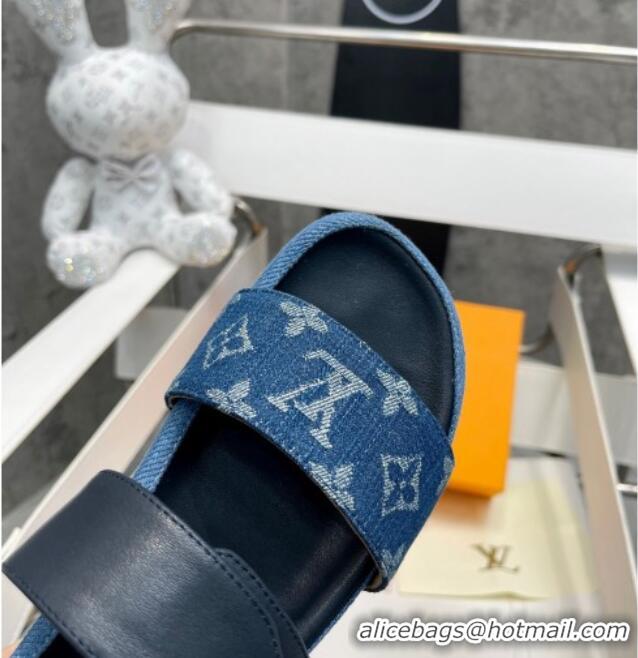 Luxury Louis Vuitton Bom Dia Denim Flat Slide Sandals Dark Blue/Black 032587