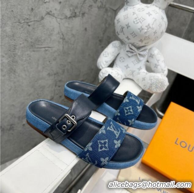 Luxury Louis Vuitton Bom Dia Denim Flat Slide Sandals Dark Blue/Black 032587