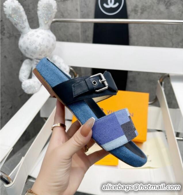 Luxury Louis Vuitton Bom Dia Denim Flat Slide Sandals Dark Blue/Black 032587