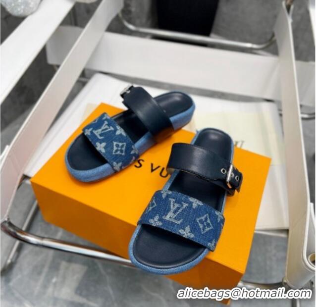 Luxury Louis Vuitton Bom Dia Denim Flat Slide Sandals Dark Blue/Black 032587