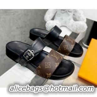 Perfect Louis Vuitton Bom Dia Monogram Canvas and Leather Flat Slide Sandals Brown/Black 032588