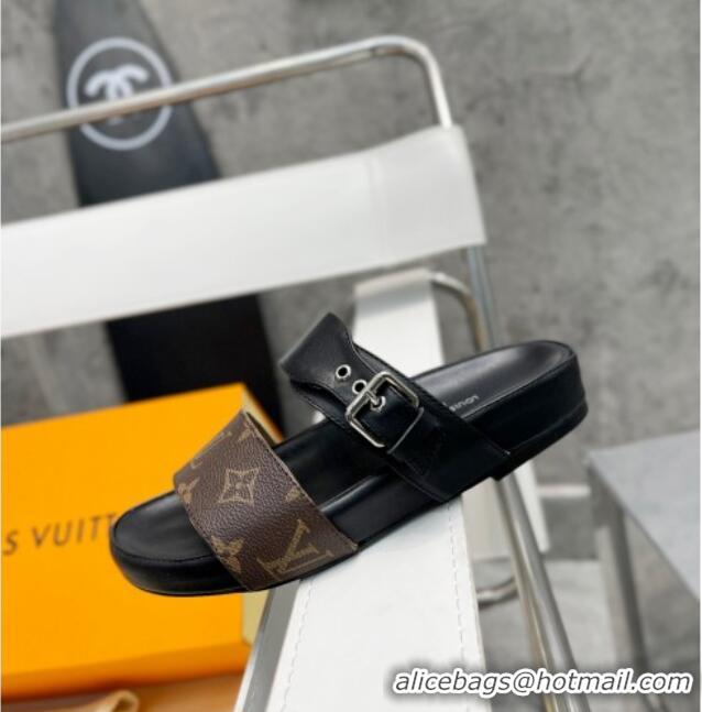 Perfect Louis Vuitton Bom Dia Monogram Canvas and Leather Flat Slide Sandals Brown/Black 032588