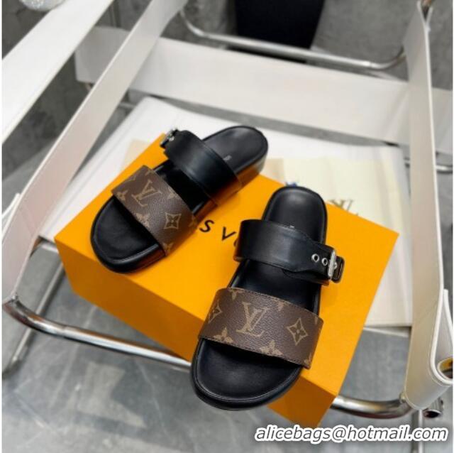 Perfect Louis Vuitton Bom Dia Monogram Canvas and Leather Flat Slide Sandals Brown/Black 032588