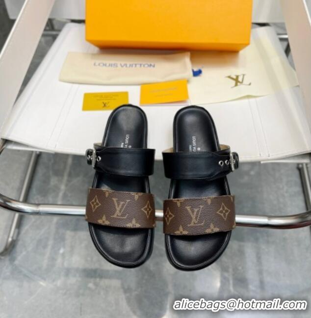 Perfect Louis Vuitton Bom Dia Monogram Canvas and Leather Flat Slide Sandals Brown/Black 032588