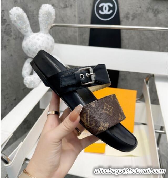 Perfect Louis Vuitton Bom Dia Monogram Canvas and Leather Flat Slide Sandals Brown/Black 032588