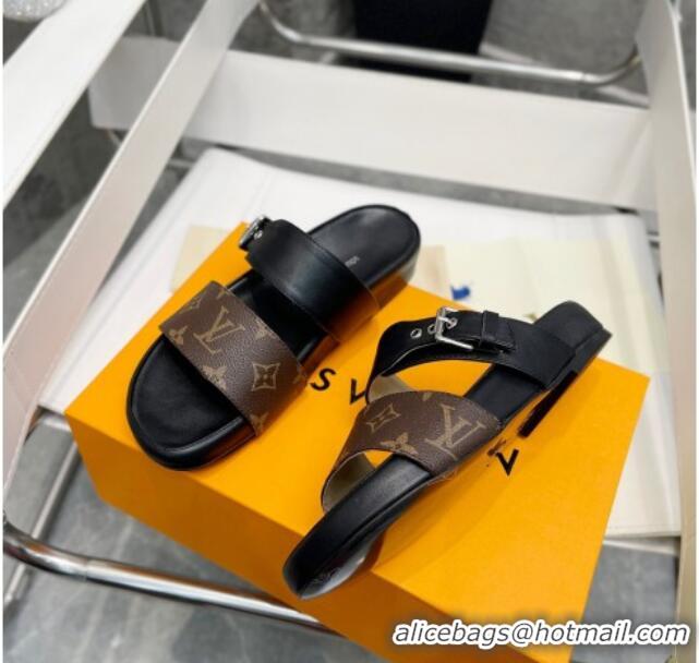 Perfect Louis Vuitton Bom Dia Monogram Canvas and Leather Flat Slide Sandals Brown/Black 032588